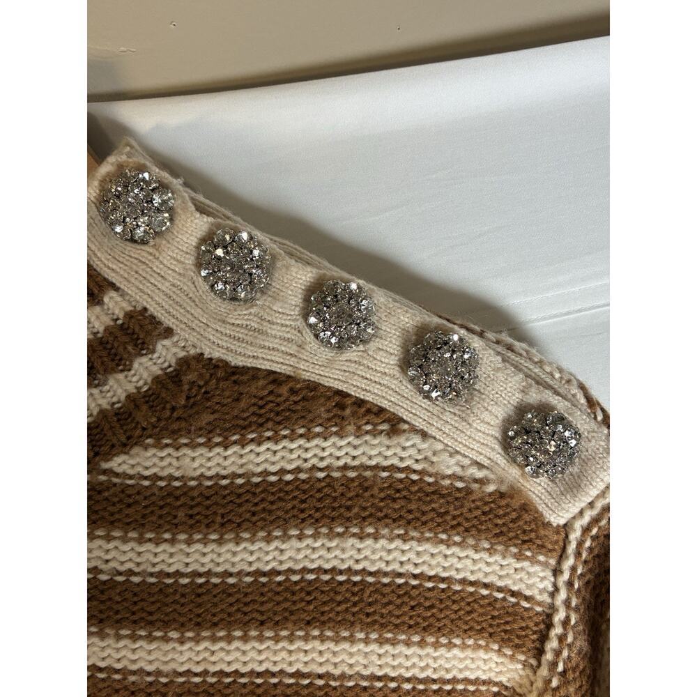 J.CREW CARAMEL NATURAL CABLE KNIT MOCKNECK STRIPE JEWEL BUTTONS SWEATER BM301 M - Picture 3 of 8